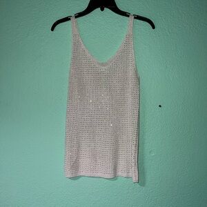 Embellished White Knit V-Neck Tank Top